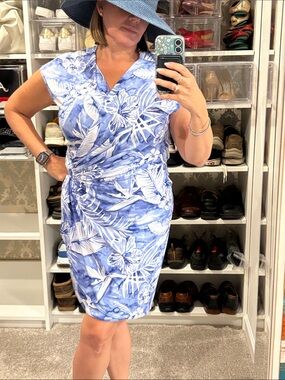 Tommy Bahama Blue & White Tropical Wrap-Style Midi Dress